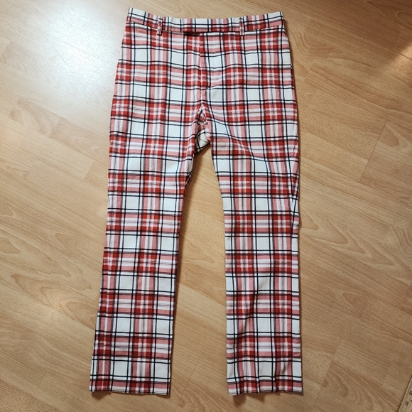 Garçons Infideles Paris Unisex Punk Pants Red White Plaid 100% Cotton Size Large